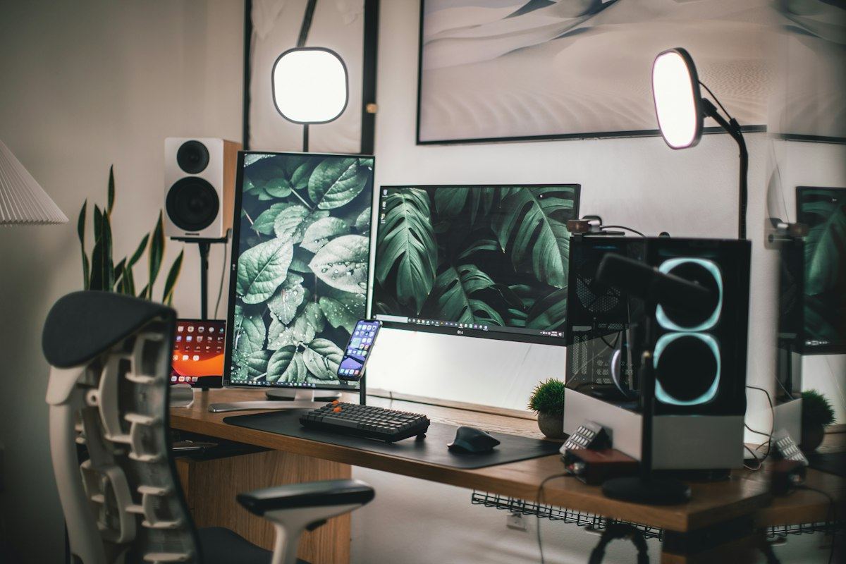 Minimal workspace with a monitor and desk accessories